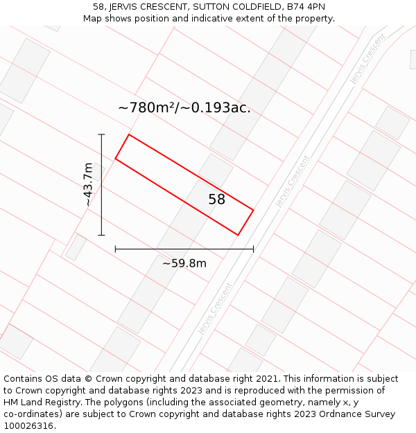 58, JERVIS CRESCENT, SUTTON COLDFIELD, B74 4PN: Plot and title map