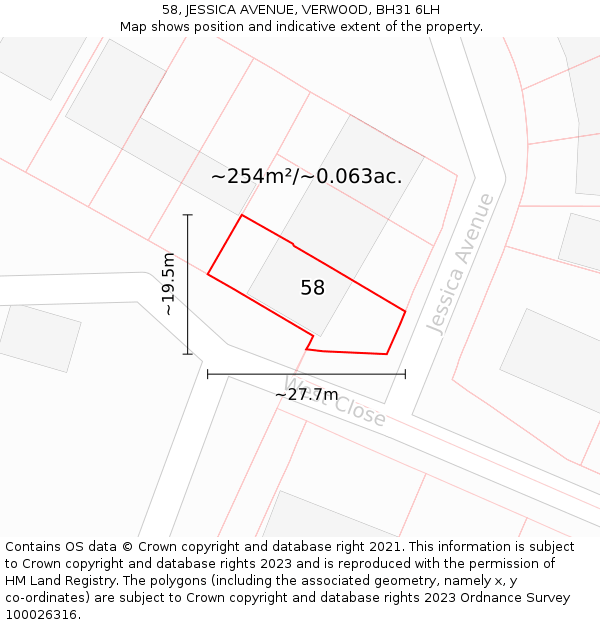 58, JESSICA AVENUE, VERWOOD, BH31 6LH: Plot and title map