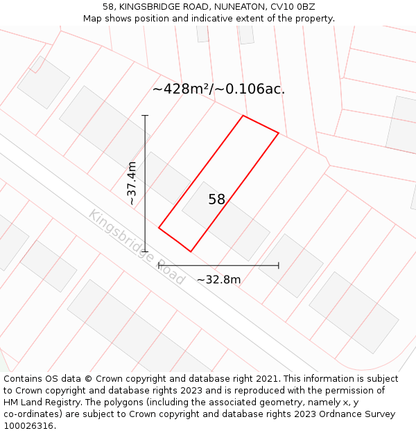 58, KINGSBRIDGE ROAD, NUNEATON, CV10 0BZ: Plot and title map