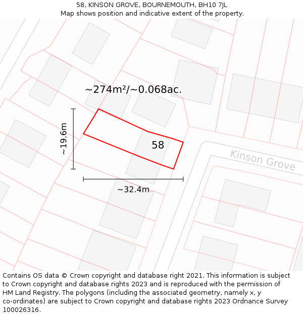 58, KINSON GROVE, BOURNEMOUTH, BH10 7JL: Plot and title map