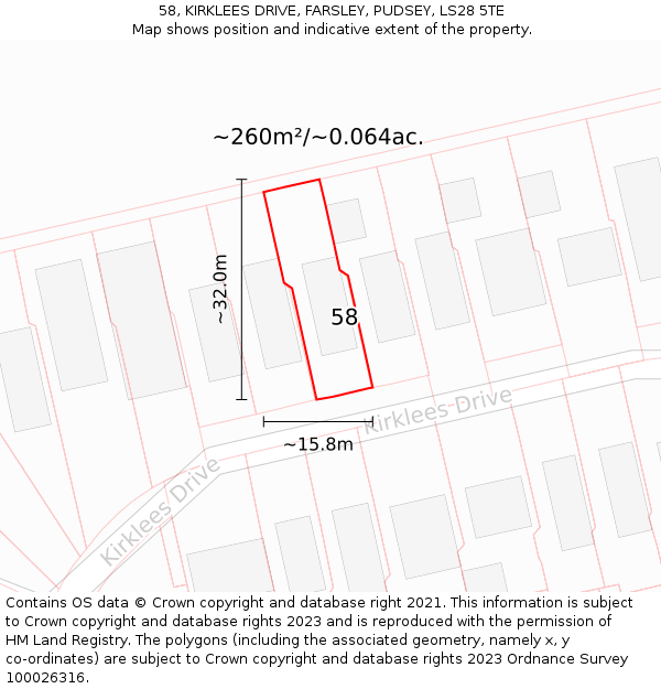 58, KIRKLEES DRIVE, FARSLEY, PUDSEY, LS28 5TE: Plot and title map