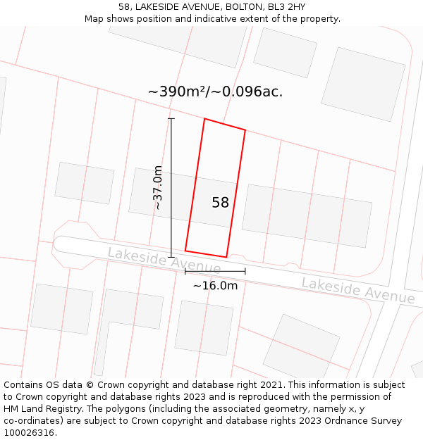 58, LAKESIDE AVENUE, BOLTON, BL3 2HY: Plot and title map