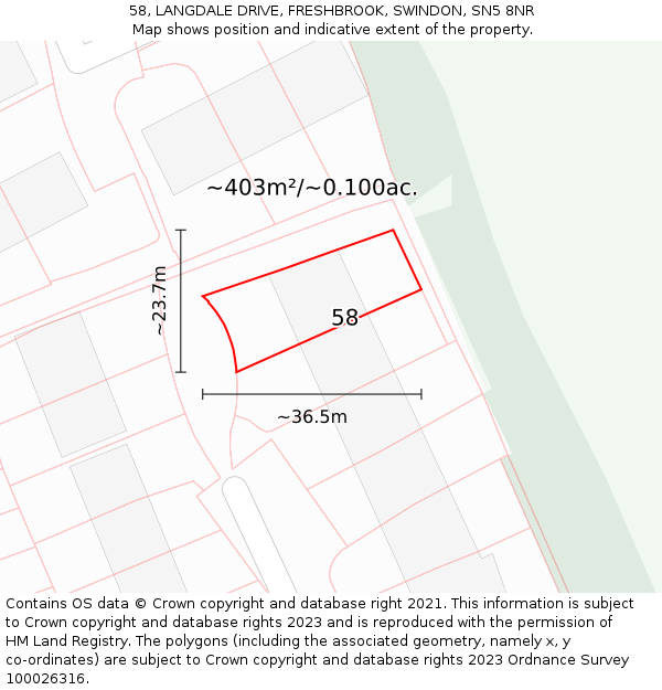 58, LANGDALE DRIVE, FRESHBROOK, SWINDON, SN5 8NR: Plot and title map