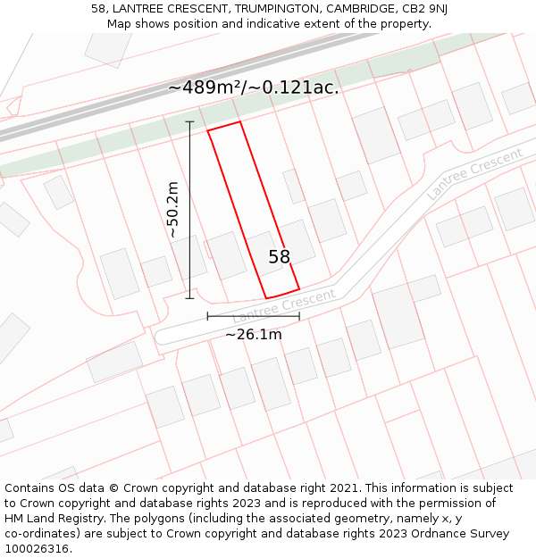 58, LANTREE CRESCENT, TRUMPINGTON, CAMBRIDGE, CB2 9NJ: Plot and title map