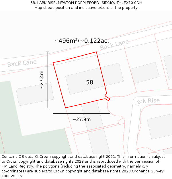 58, LARK RISE, NEWTON POPPLEFORD, SIDMOUTH, EX10 0DH: Plot and title map