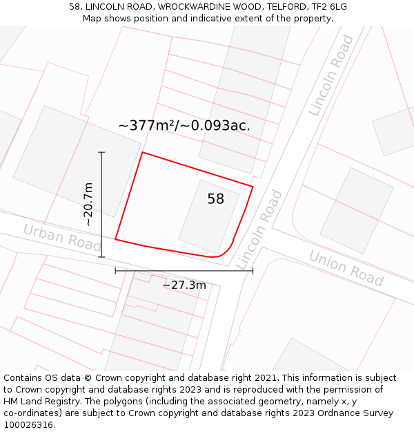 58, LINCOLN ROAD, WROCKWARDINE WOOD, TELFORD, TF2 6LG: Plot and title map