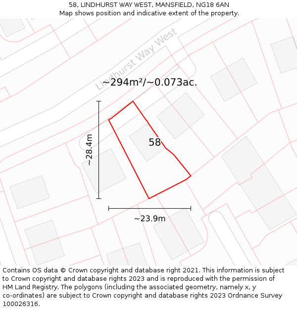 58, LINDHURST WAY WEST, MANSFIELD, NG18 6AN: Plot and title map