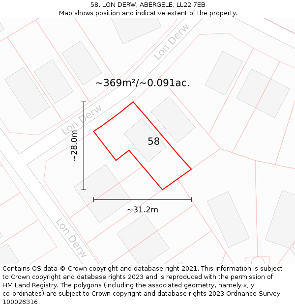 58, LON DERW, ABERGELE, LL22 7EB: Plot and title map