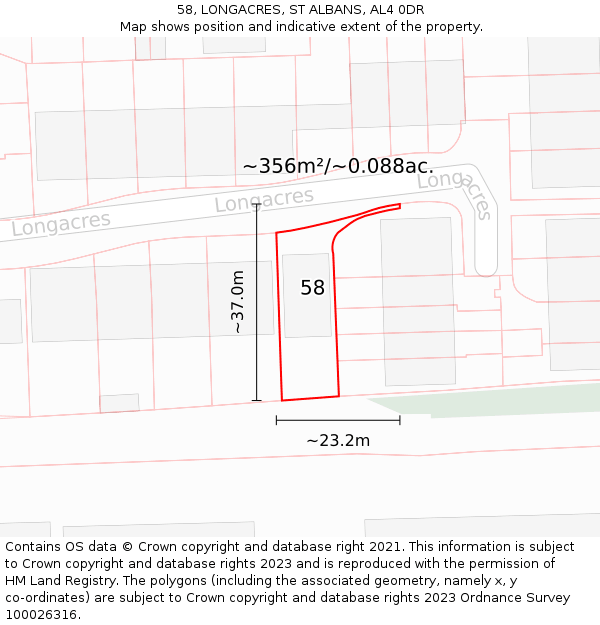 58, LONGACRES, ST ALBANS, AL4 0DR: Plot and title map