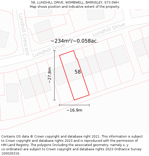 58, LUNDHILL DRIVE, WOMBWELL, BARNSLEY, S73 0WH: Plot and title map