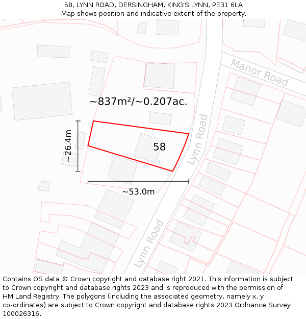 58, LYNN ROAD, DERSINGHAM, KING'S LYNN, PE31 6LA: Plot and title map