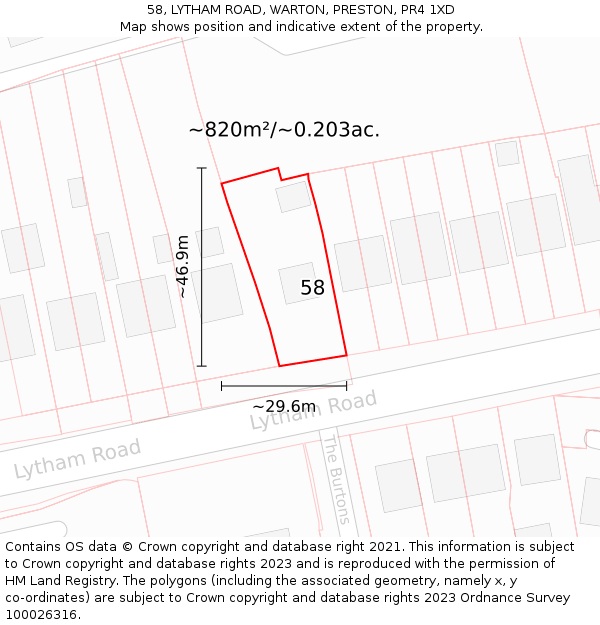 58, LYTHAM ROAD, WARTON, PRESTON, PR4 1XD: Plot and title map