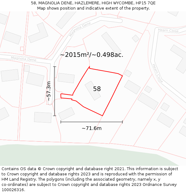 58, MAGNOLIA DENE, HAZLEMERE, HIGH WYCOMBE, HP15 7QE: Plot and title map