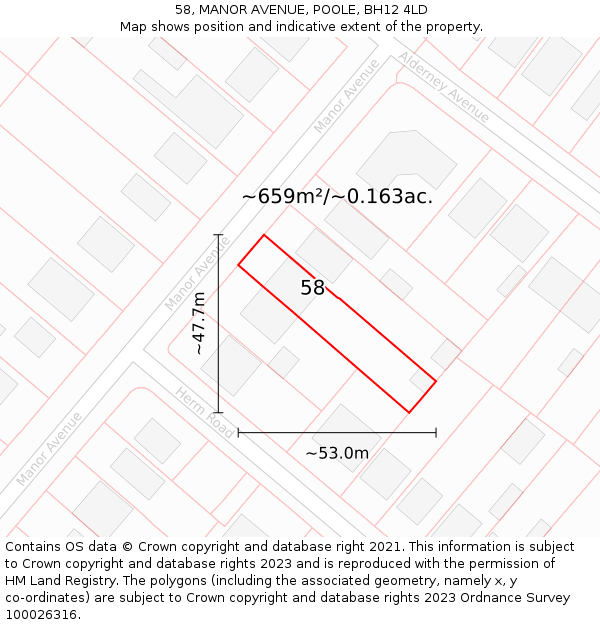 58, MANOR AVENUE, POOLE, BH12 4LD: Plot and title map