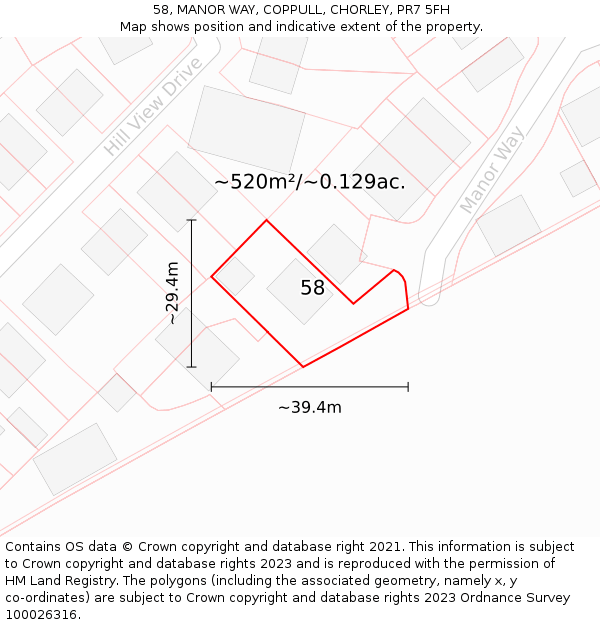 58, MANOR WAY, COPPULL, CHORLEY, PR7 5FH: Plot and title map