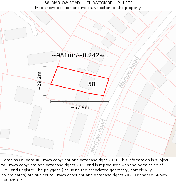 58, MARLOW ROAD, HIGH WYCOMBE, HP11 1TF: Plot and title map