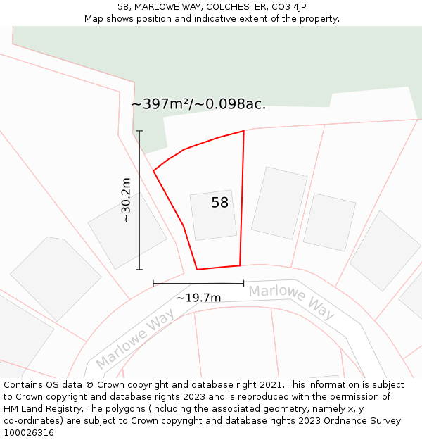 58, MARLOWE WAY, COLCHESTER, CO3 4JP: Plot and title map