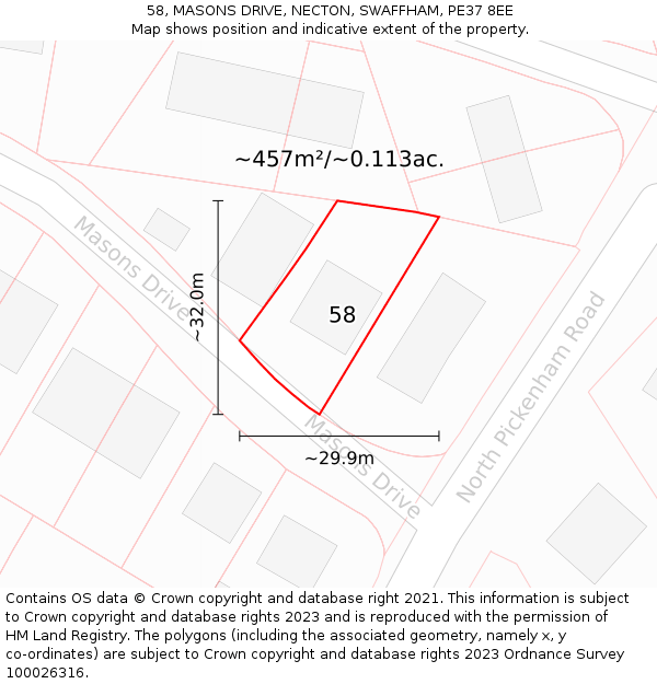 58, MASONS DRIVE, NECTON, SWAFFHAM, PE37 8EE: Plot and title map