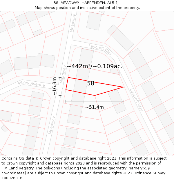 58, MEADWAY, HARPENDEN, AL5 1JL: Plot and title map