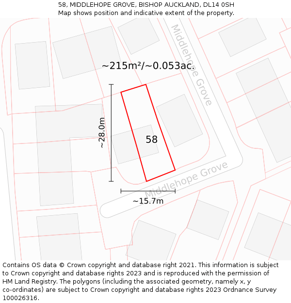 58, MIDDLEHOPE GROVE, BISHOP AUCKLAND, DL14 0SH: Plot and title map