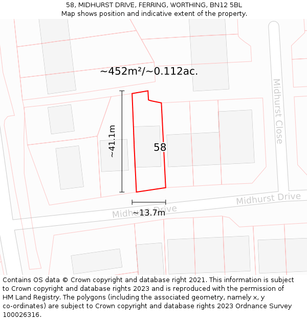 58, MIDHURST DRIVE, FERRING, WORTHING, BN12 5BL: Plot and title map