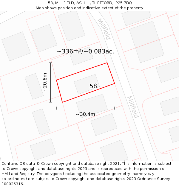 58, MILLFIELD, ASHILL, THETFORD, IP25 7BQ: Plot and title map