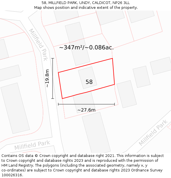 58, MILLFIELD PARK, UNDY, CALDICOT, NP26 3LL: Plot and title map
