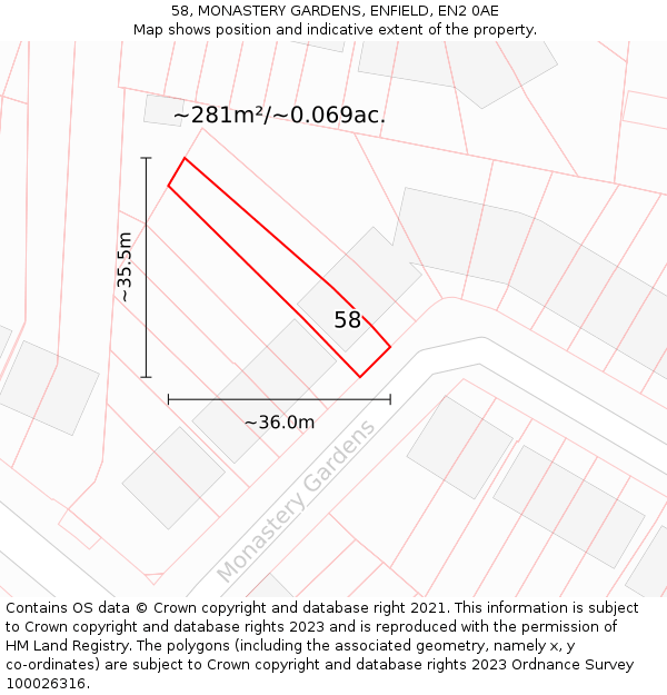 58, MONASTERY GARDENS, ENFIELD, EN2 0AE: Plot and title map