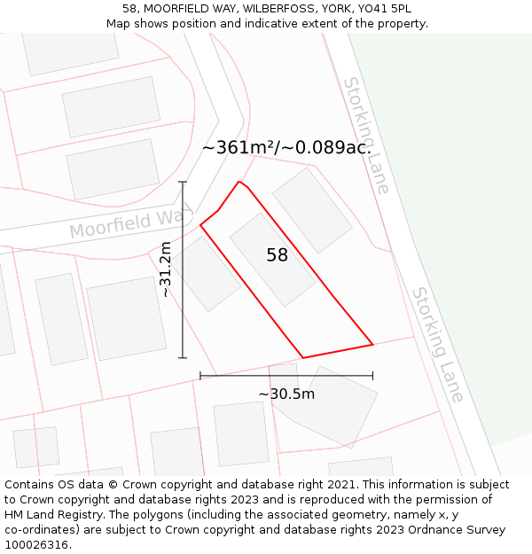 58, MOORFIELD WAY, WILBERFOSS, YORK, YO41 5PL: Plot and title map