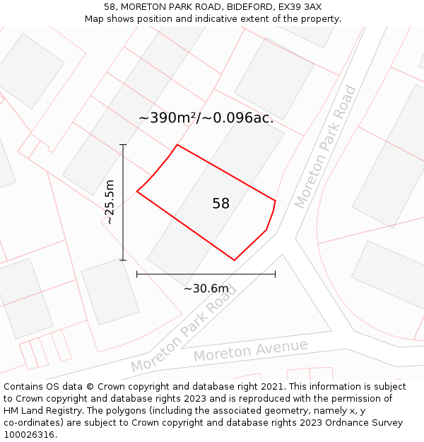 58, MORETON PARK ROAD, BIDEFORD, EX39 3AX: Plot and title map