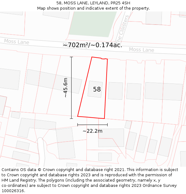 58, MOSS LANE, LEYLAND, PR25 4SH: Plot and title map