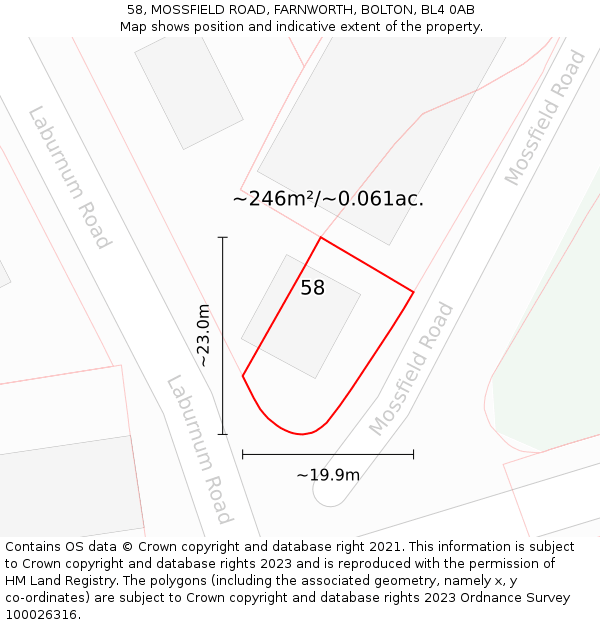 58, MOSSFIELD ROAD, FARNWORTH, BOLTON, BL4 0AB: Plot and title map