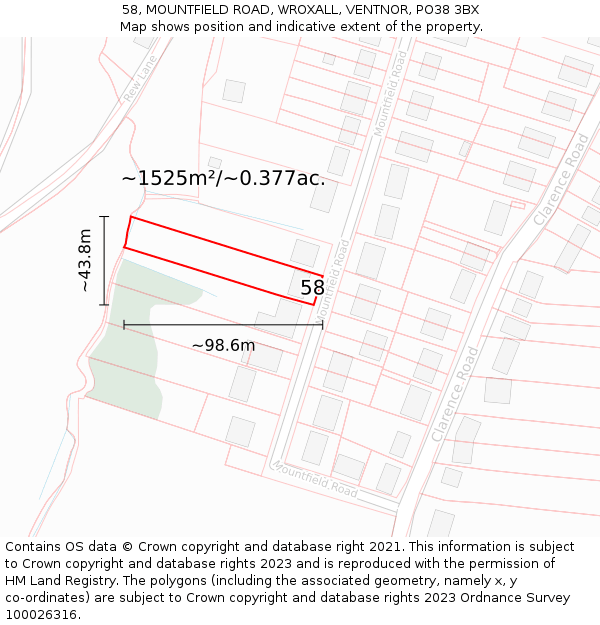 58, MOUNTFIELD ROAD, WROXALL, VENTNOR, PO38 3BX: Plot and title map