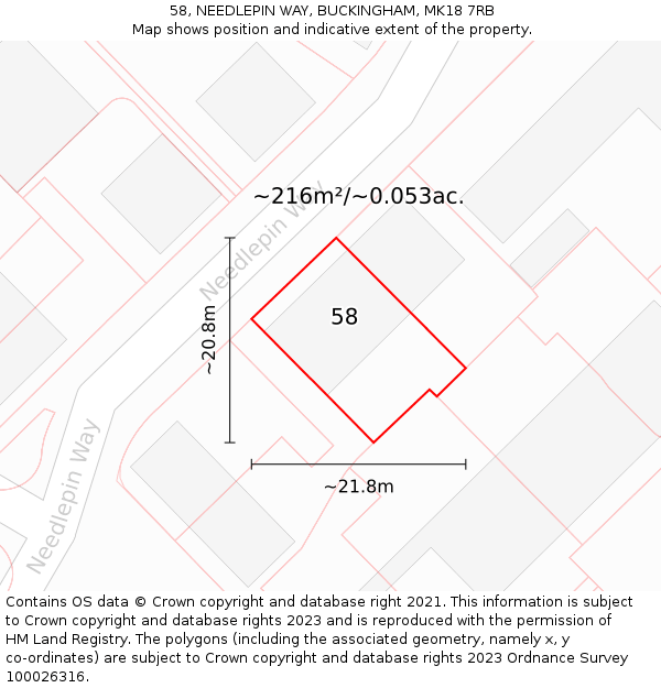 58, NEEDLEPIN WAY, BUCKINGHAM, MK18 7RB: Plot and title map