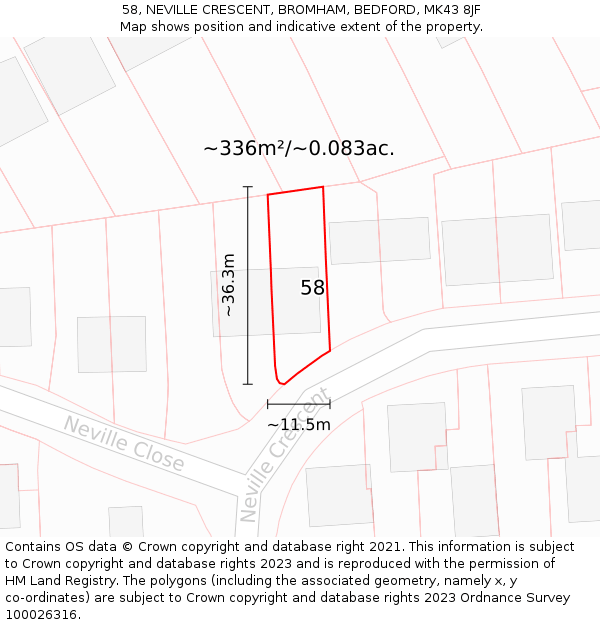 58, NEVILLE CRESCENT, BROMHAM, BEDFORD, MK43 8JF: Plot and title map