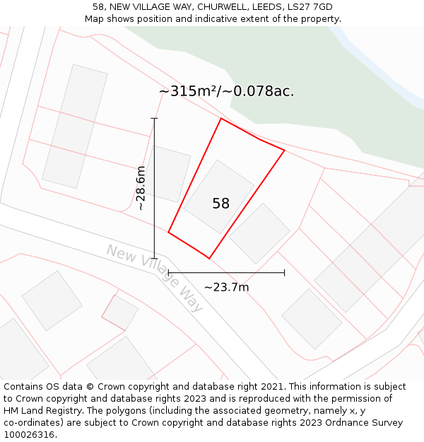 58, NEW VILLAGE WAY, CHURWELL, LEEDS, LS27 7GD: Plot and title map
