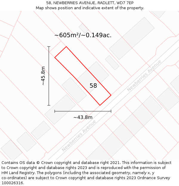 58, NEWBERRIES AVENUE, RADLETT, WD7 7EP: Plot and title map