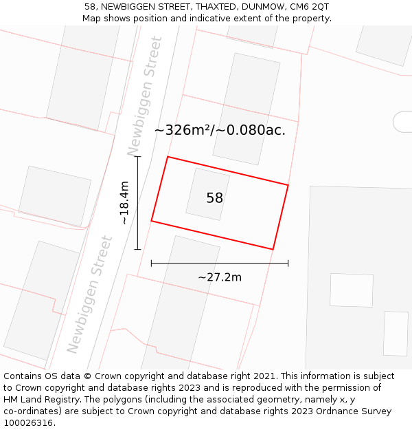 58, NEWBIGGEN STREET, THAXTED, DUNMOW, CM6 2QT: Plot and title map