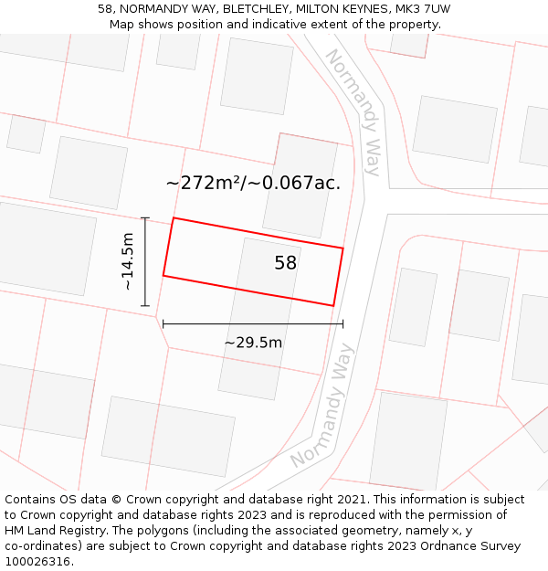 58, NORMANDY WAY, BLETCHLEY, MILTON KEYNES, MK3 7UW: Plot and title map