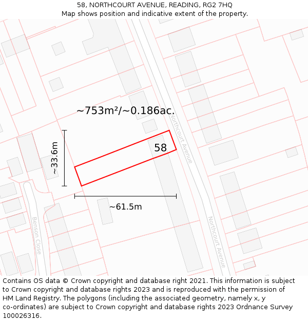58, NORTHCOURT AVENUE, READING, RG2 7HQ: Plot and title map