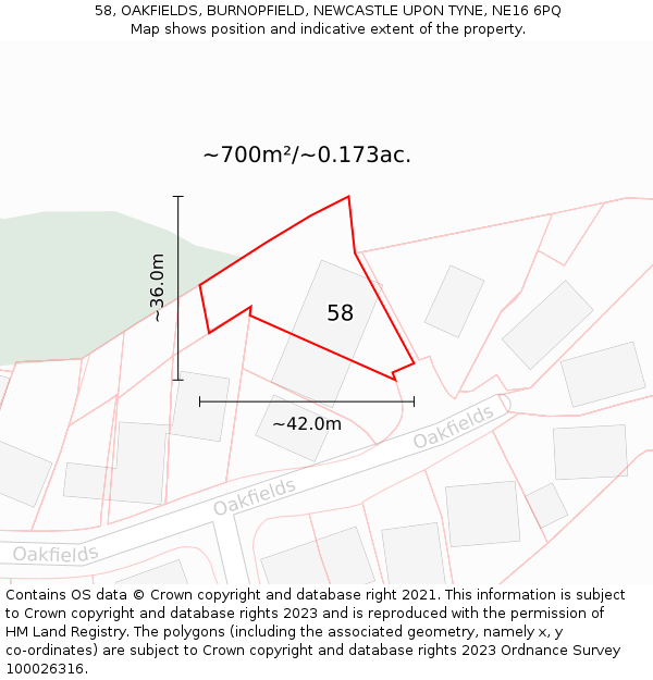 58, OAKFIELDS, BURNOPFIELD, NEWCASTLE UPON TYNE, NE16 6PQ: Plot and title map