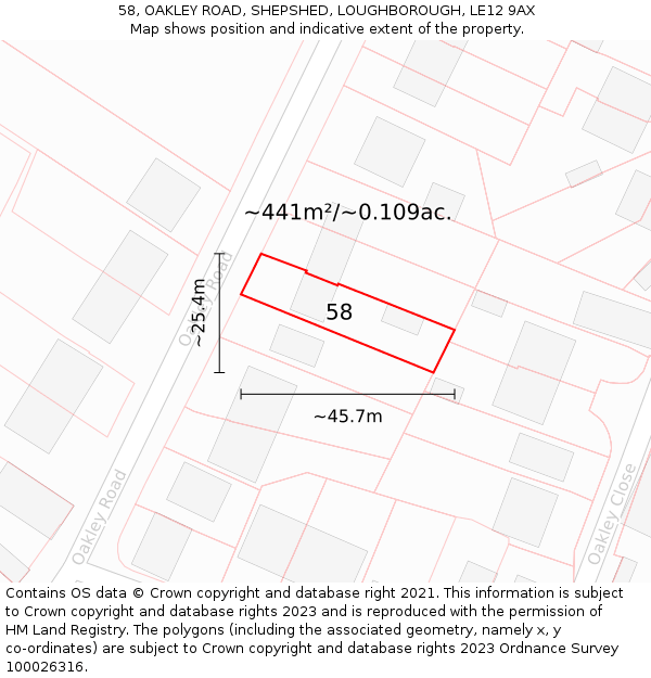 58, OAKLEY ROAD, SHEPSHED, LOUGHBOROUGH, LE12 9AX: Plot and title map