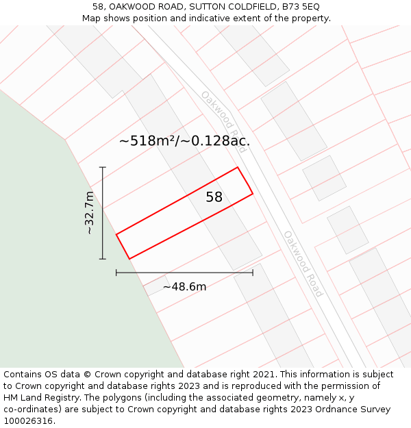 58, OAKWOOD ROAD, SUTTON COLDFIELD, B73 5EQ: Plot and title map