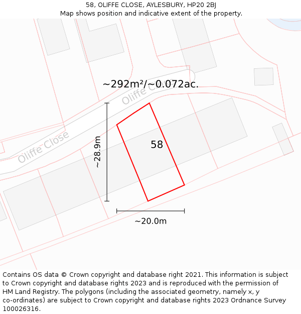 58, OLIFFE CLOSE, AYLESBURY, HP20 2BJ: Plot and title map