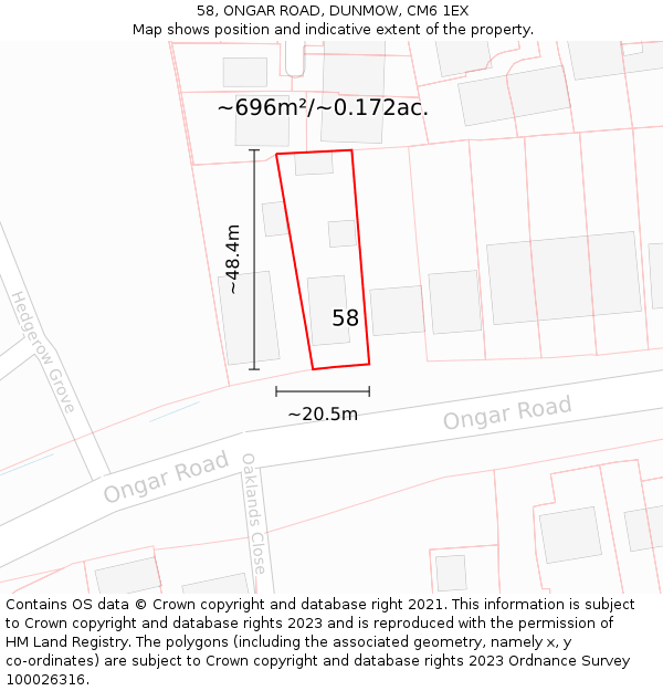 58, ONGAR ROAD, DUNMOW, CM6 1EX: Plot and title map