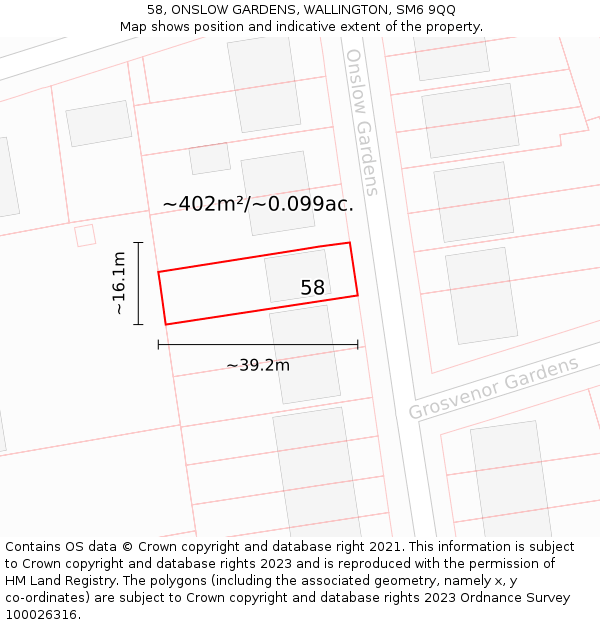 58, ONSLOW GARDENS, WALLINGTON, SM6 9QQ: Plot and title map