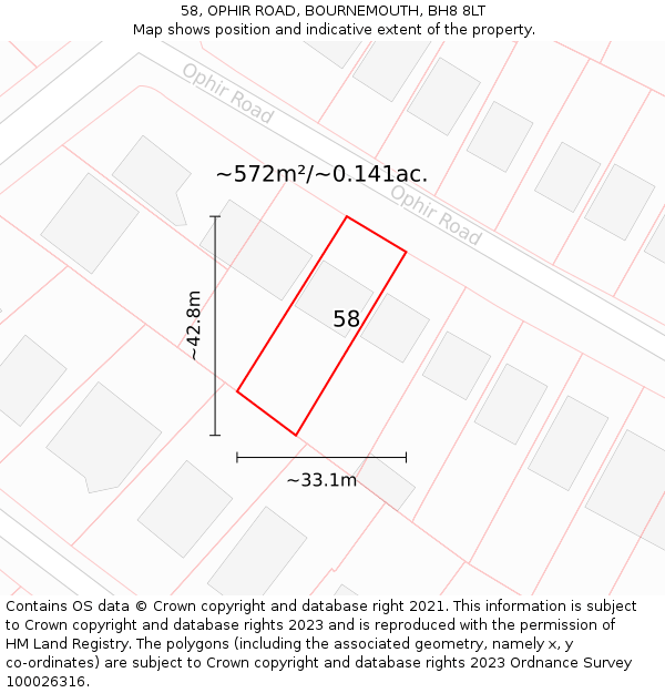58, OPHIR ROAD, BOURNEMOUTH, BH8 8LT: Plot and title map