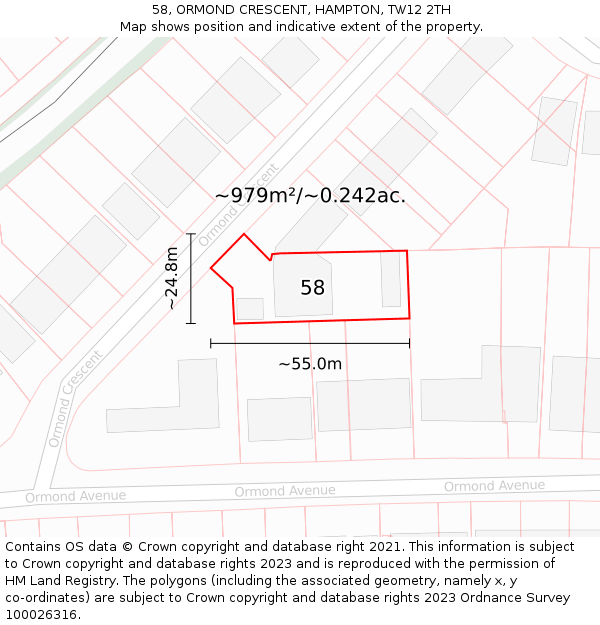 58, ORMOND CRESCENT, HAMPTON, TW12 2TH: Plot and title map