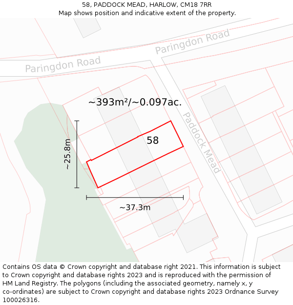 58, PADDOCK MEAD, HARLOW, CM18 7RR: Plot and title map