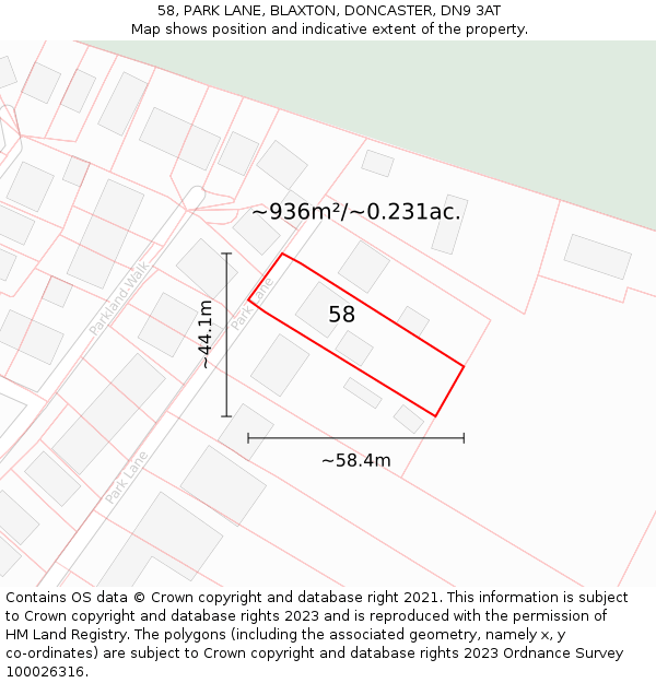58, PARK LANE, BLAXTON, DONCASTER, DN9 3AT: Plot and title map